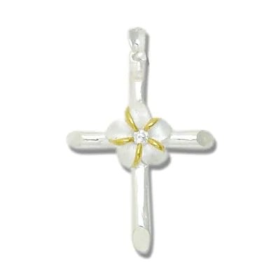 Sterling Silver 2 Tone Plumeria Cross with Clear CZ Pendant - Jewelry - Leilanis Attic
