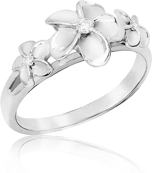 Dainty 8-10-8mm Sterling Silver Three Plumeria Ring with Clear CZ - Leilanis Attic