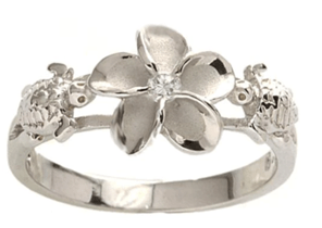 Dainty Sterling Silver and Rhodium Plated Plumeria & Honu Ring with Clear CZ - Leilanis Attic