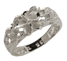 Dainty Sterling Silver Plumeria Ring with Clear CZ and Scrolls - Leilanis Attic