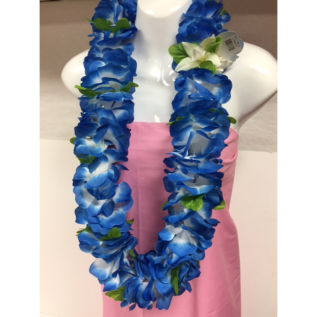 Blue and White Flower Silk Lei with Leaves
