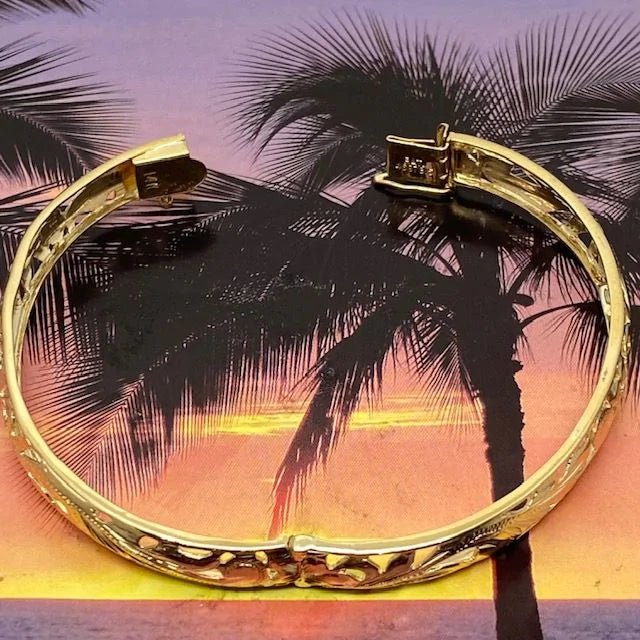 14KT Gold Hawaiian 10mm Cut - in Plumeria Scrolled Bangle with Box Clasp and Hinge - Jewelry - Leilanis Attic