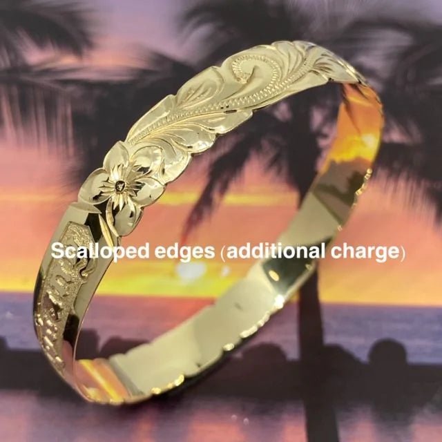 14K Yellow Gold Custom Hawaiian Bangle Bracelet with Plumeria - Ring - Leilanis Attic