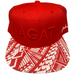 A red flat-brim snapback cap with 'AGAT' embroidered on the front and a red-and-white geometric pattern on the brim, displayed on a gray tabletop.
