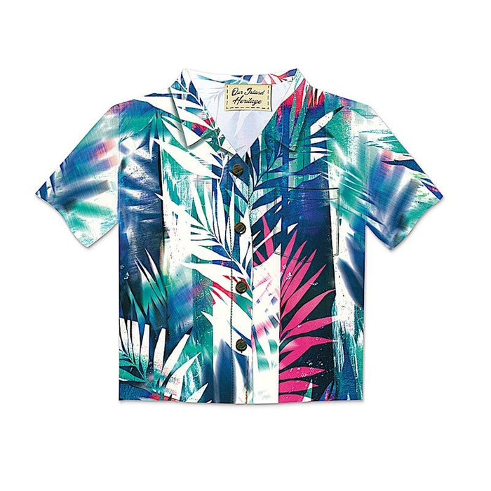 Colorful tropical patterned shirt on a white background