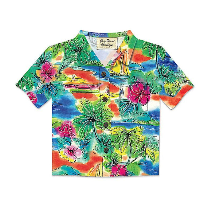 Colorful tropical shirt with floral and landscape design on a white background