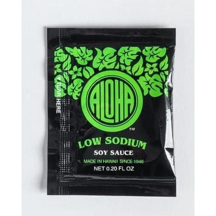 Aloha brand low sodium soy sauce packet on a white background