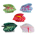 Five colorful hair claw clips shaped like tropical leaves and flowers, arranged on a brown and beige granite countertop.