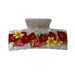 A clear plastic hair claw clip decorated with a colorful tropical floral pattern featuring red anthuriums, yellow plumeria, and pink flowers with green leaves, shown on a light gray textured background.