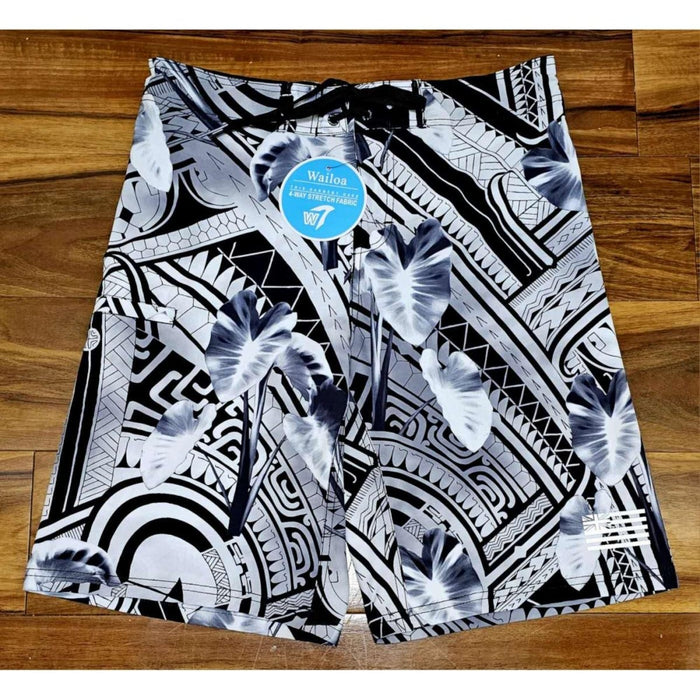 "Black Kalo/Tribal" Board Short Men's 4 Way Stretch - Wailoa - Board Shorts - Mens