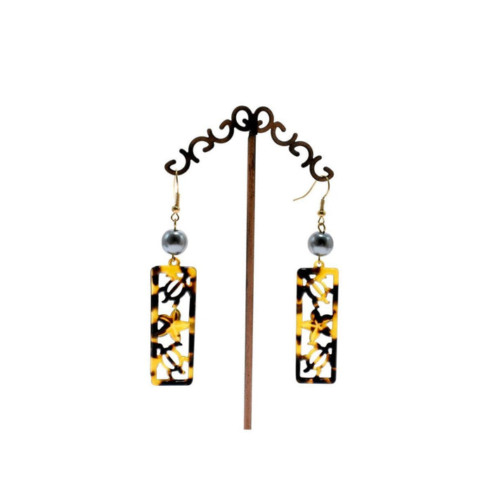 Brown Faux Honu Shell Outline with Pearl Dangle Earrings DK Hawaiian Collection