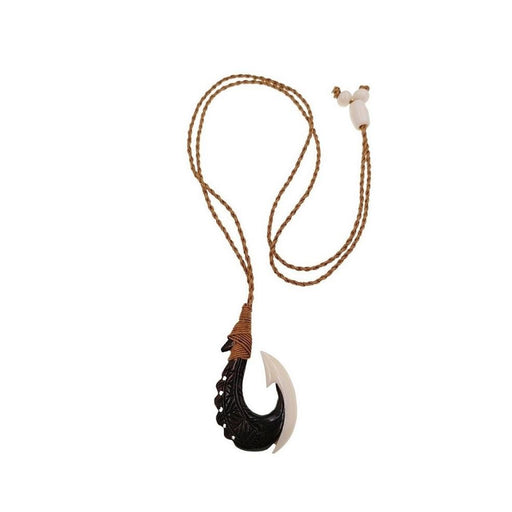 Carved Wood and Bone Hook Pendant Necklace - Jewelry