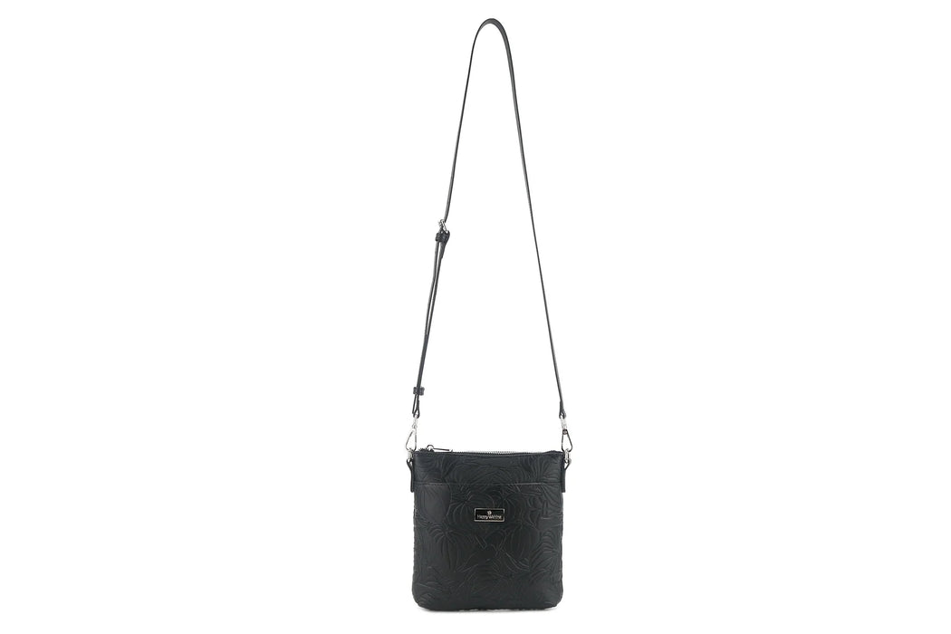 Happy Wahine, Crossbody Lisa, Anthurium Embossed Black Happy Wahine