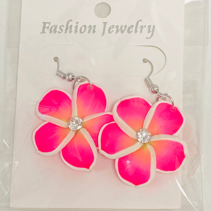 Large Fimo Plumeria and Crystal Drop Earrings DK Hawaiian Collection