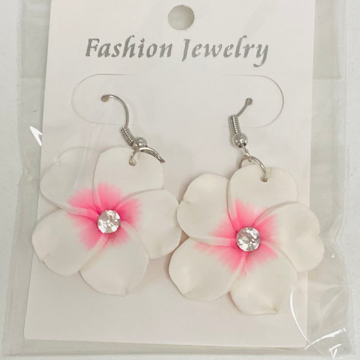 Large Fimo Plumeria and Crystal Drop Earrings DK Hawaiian Collection