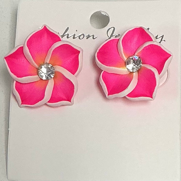 Fimo Plumeria and Crystal Stud Earrings DK Hawaiian Collection