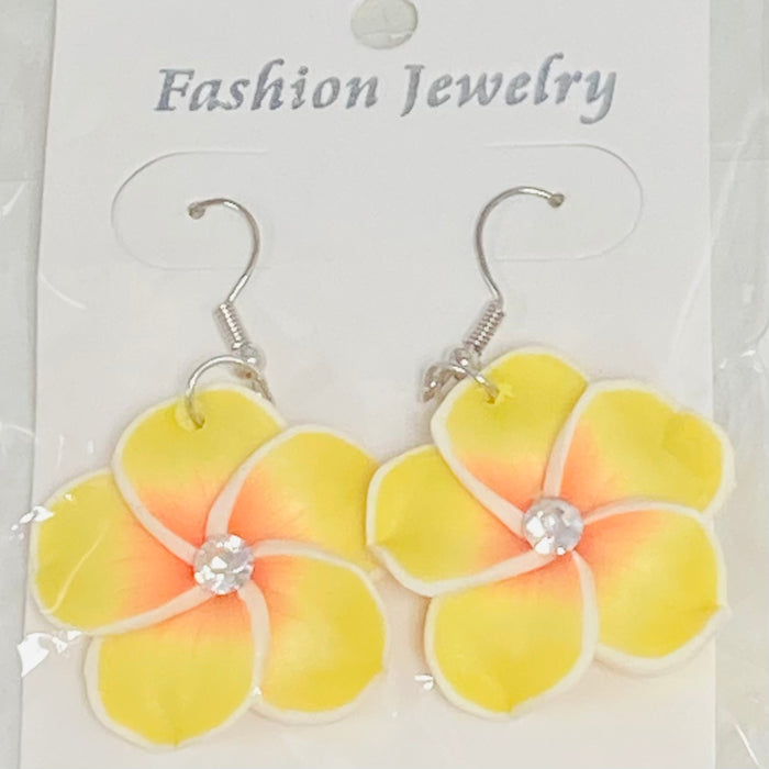Large Fimo Plumeria and Crystal Drop Earrings DK Hawaiian Collection