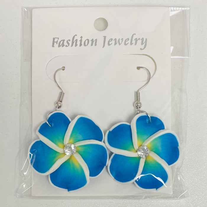 Large Fimo Plumeria and Crystal Drop Earrings DK Hawaiian Collection