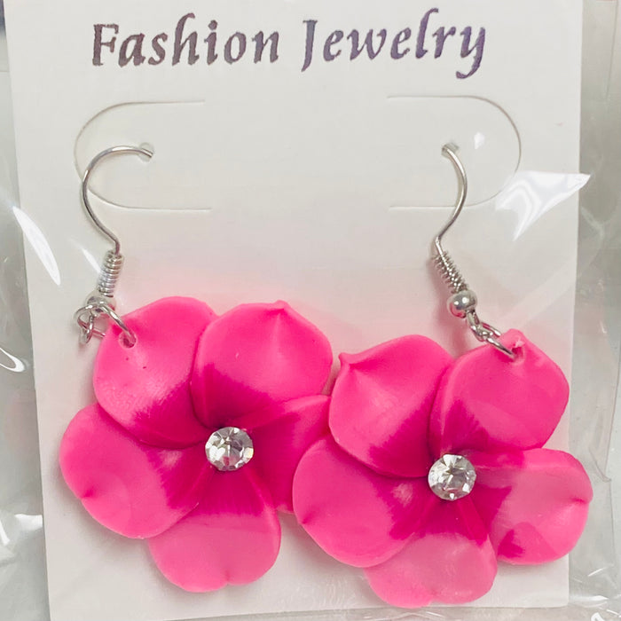 Large Fimo Plumeria and Crystal Drop Earrings DK Hawaiian Collection