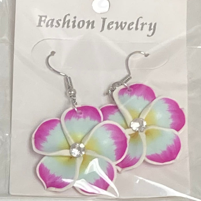 Large Fimo Plumeria and Crystal Drop Earrings DK Hawaiian Collection