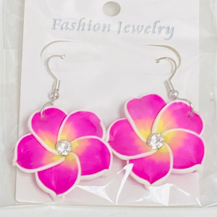 Large Fimo Plumeria and Crystal Drop Earrings DK Hawaiian Collection