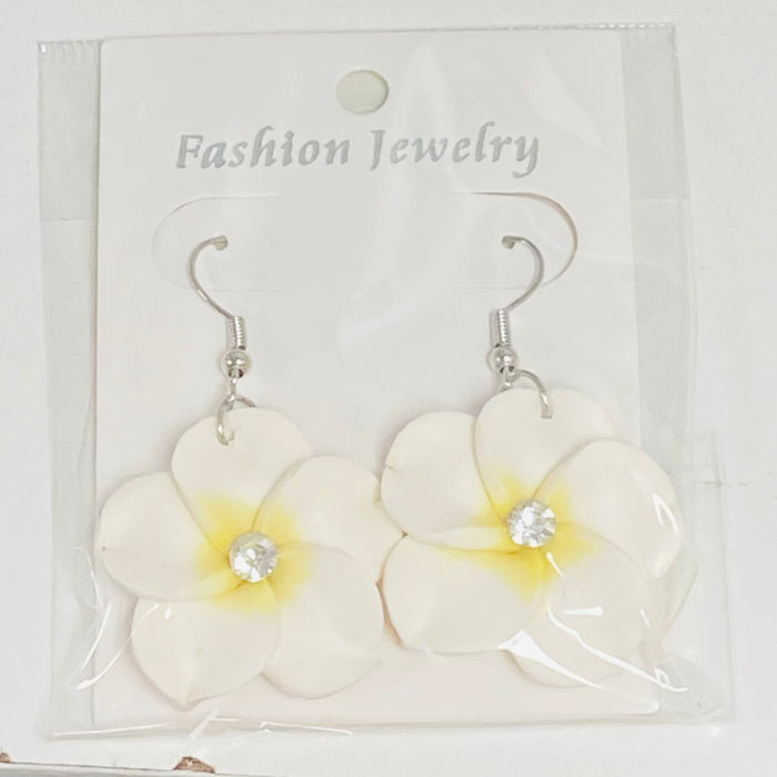 Large Fimo Plumeria and Crystal Drop Earrings DK Hawaiian Collection