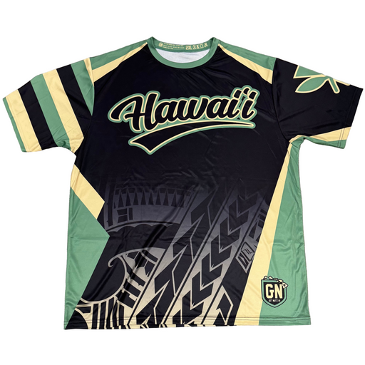 Black and green sports jersey with 'Hawaii' text on a wooden floor