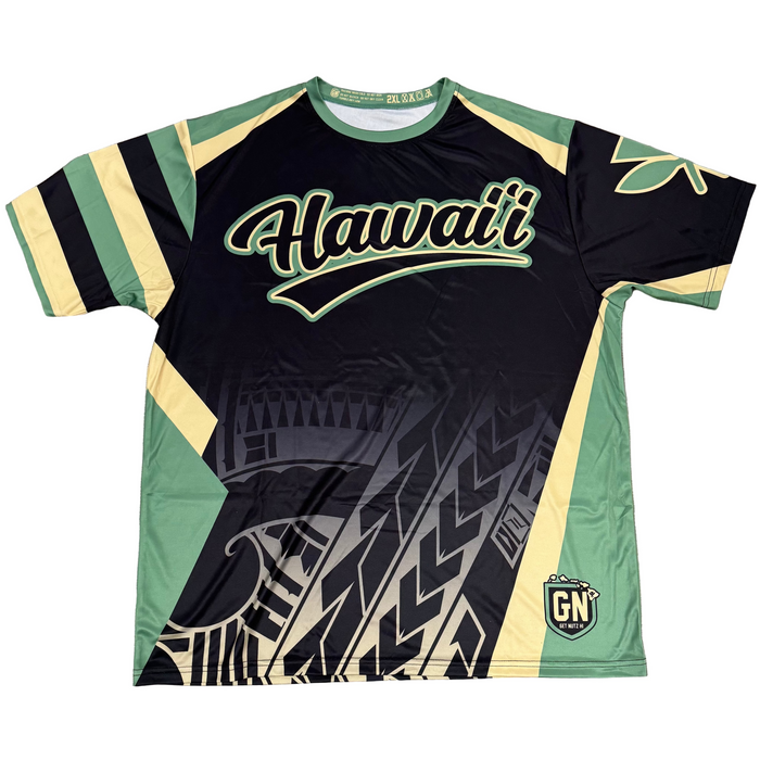Black and green sports jersey with 'Hawaii' text on a wooden floor