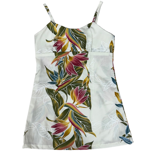 White dress with colorful floral pattern on a white background