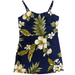 Navy blue dress with white floral and green leaf pattern on a white background