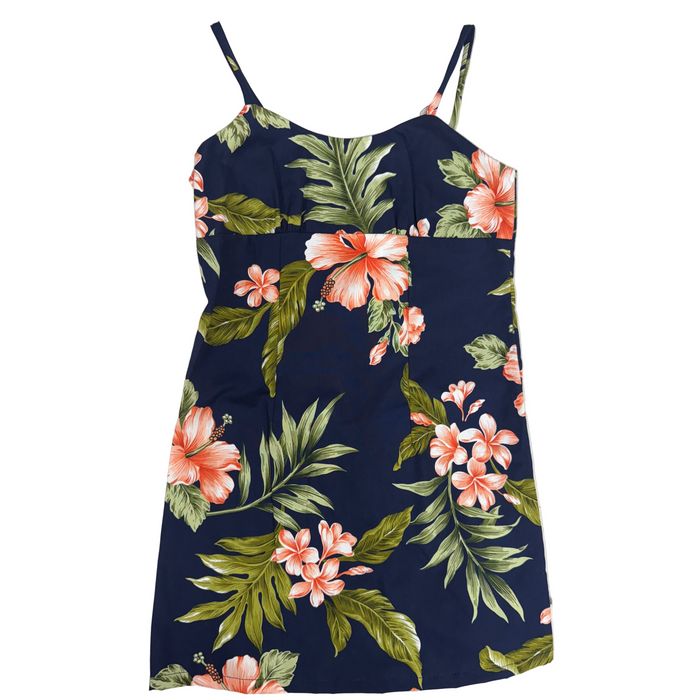 Navy blue dress with pink floral and green leaf pattern on a white background