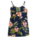 Navy blue dress with pink floral and green leaf pattern on a white background