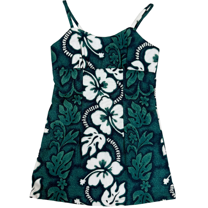 Green and white floral dress on a light gray background