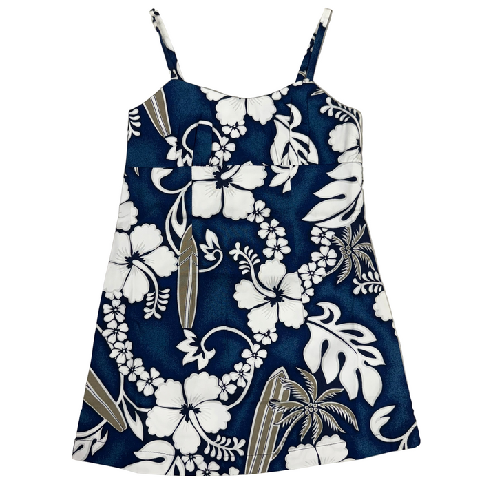 Blue dress with white floral and leaf pattern on a beige background