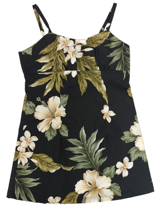 Black dress with floral and leaf pattern on a white background