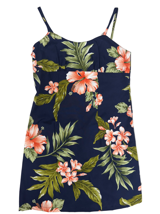 Navy blue dress with pink floral and green leaf pattern on a white background