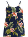 Navy blue dress with pink floral and green leaf pattern on a white background