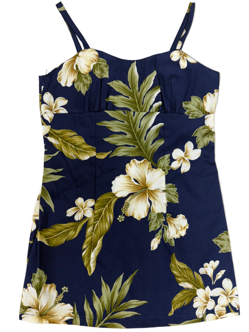 Navy blue dress with white floral and green leaf pattern on a white background