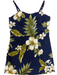 Navy blue dress with white floral and green leaf pattern on a white background