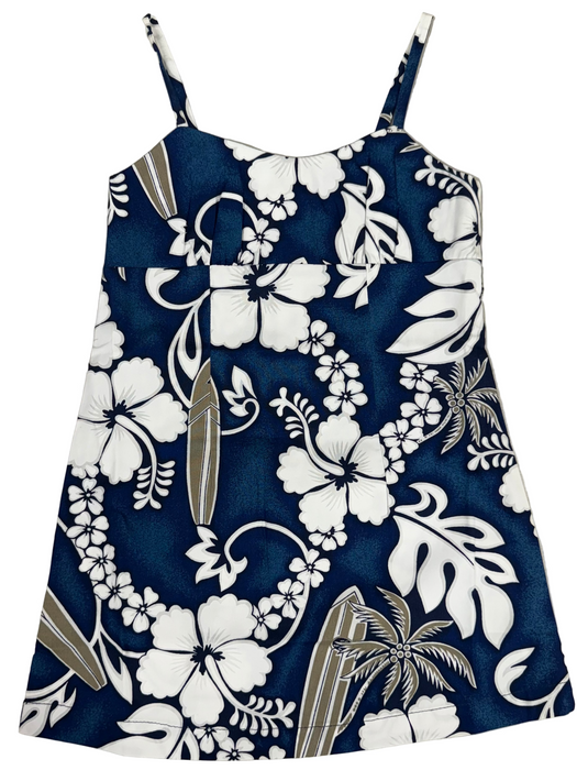 Blue dress with white floral and leaf pattern on a beige background