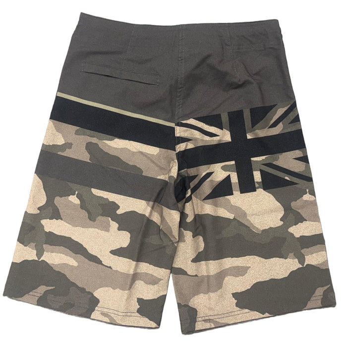 Camouflage-patterned product with a black logo on a white background