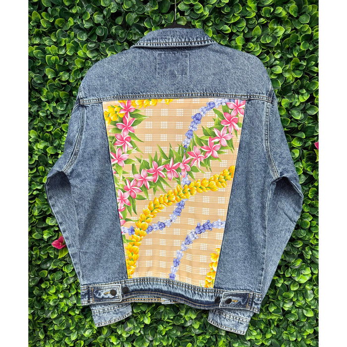 Hawaii Style Denim Jacket, Beige Palka Lei Leilanis Attic