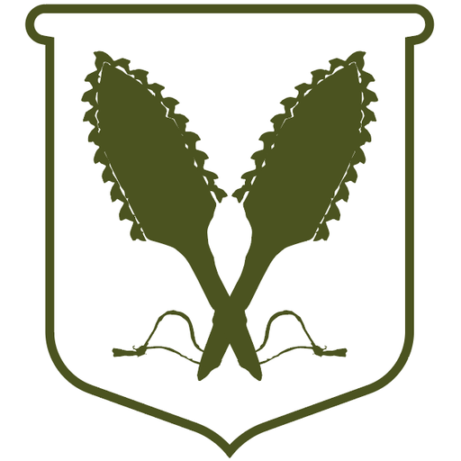 Decorative emblem with two stylized leaves on a white background