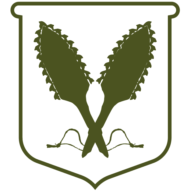 Decorative emblem with two stylized leaves on a white background