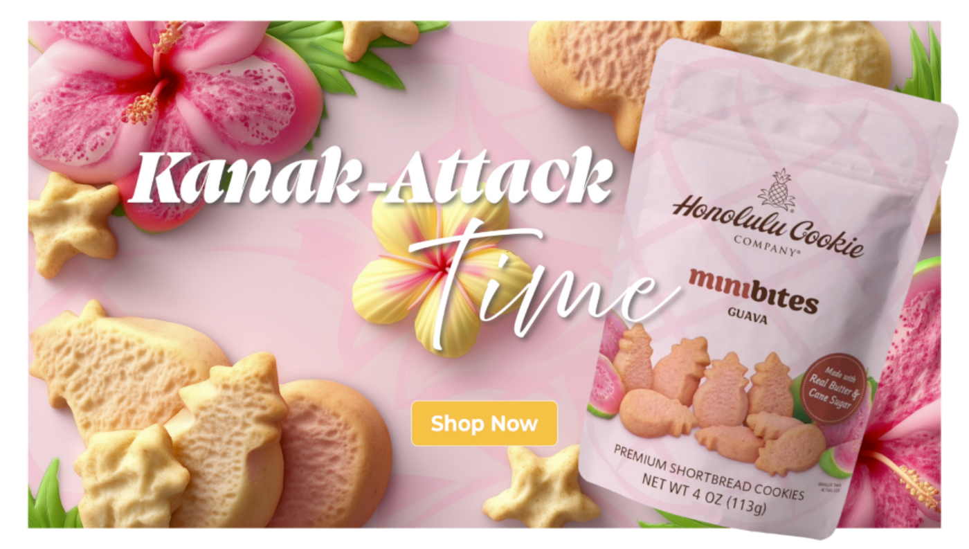 Packaging of Honolulu Cookie Company mini bites with cookies and flowers on a pink background