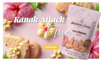 Packaging of Honolulu Cookie Company mini bites with cookies and flowers on a pink background