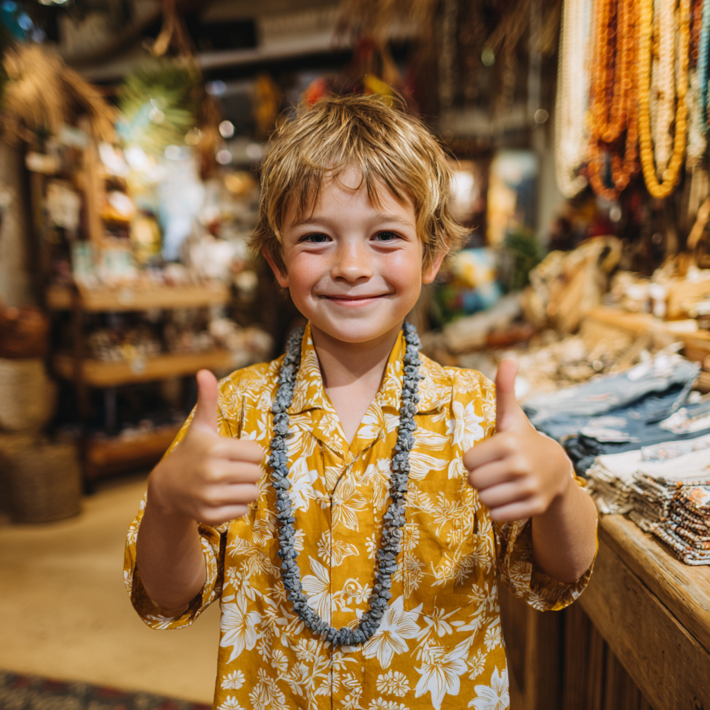 Child in a yellow shirt with a lei giving thumbs up in a store.