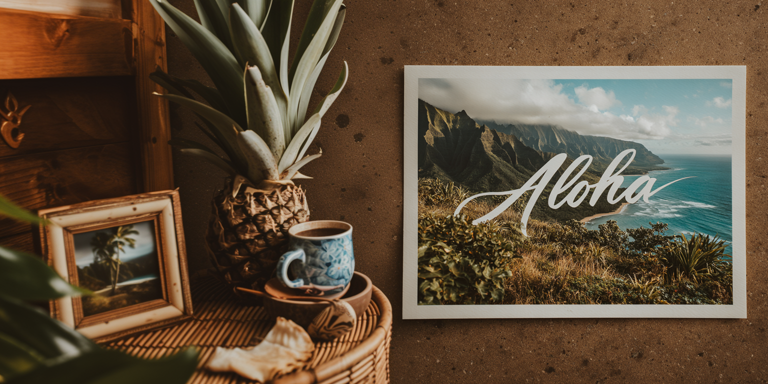 Decorative setting with a framed picture of a scenic landscape featuring the word 'Aloha', a pineapple, and a mug on a woven basket.