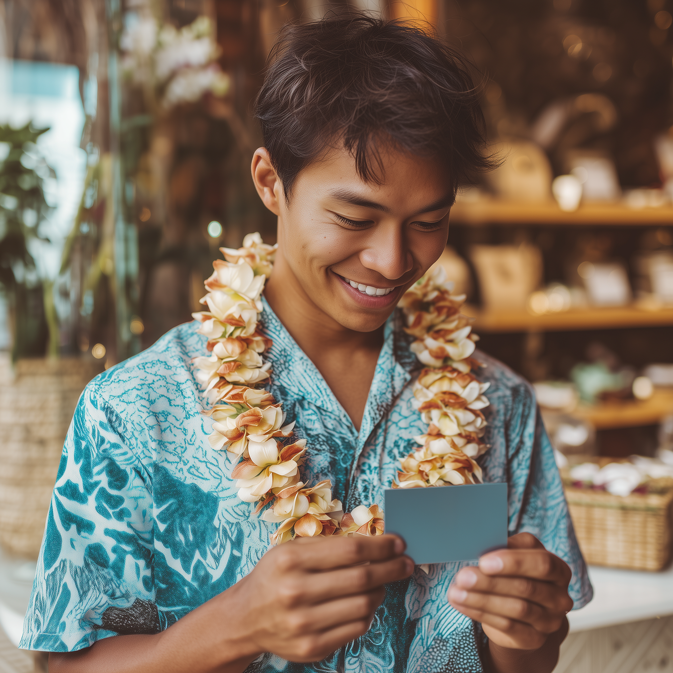 Man wearing a floral lei and holding a card in an outdoor setting