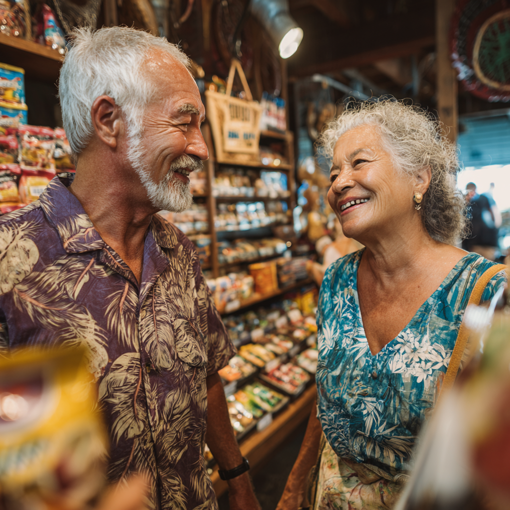 Senior couple smiling at each other in a store
